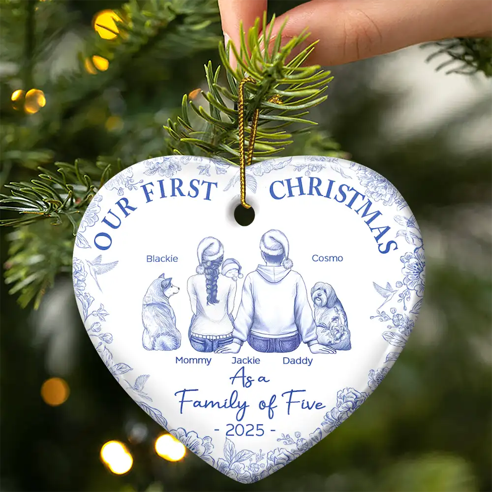 First Christmas As A Family Of Three New Parents Toile - Personalized Heart Ceramic Ornament - Image 3