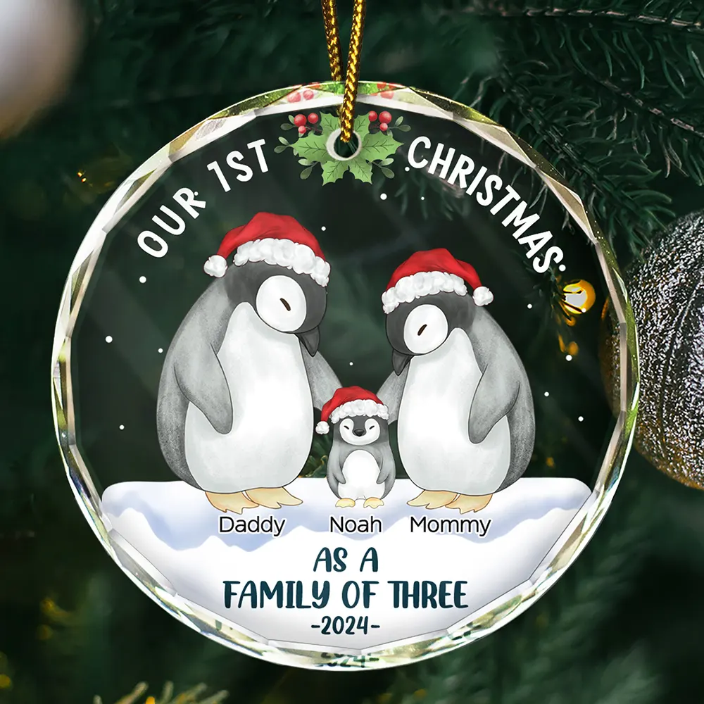 First Christmas As A Family Of Three Penguin - Personalized Circle Glass Ornament