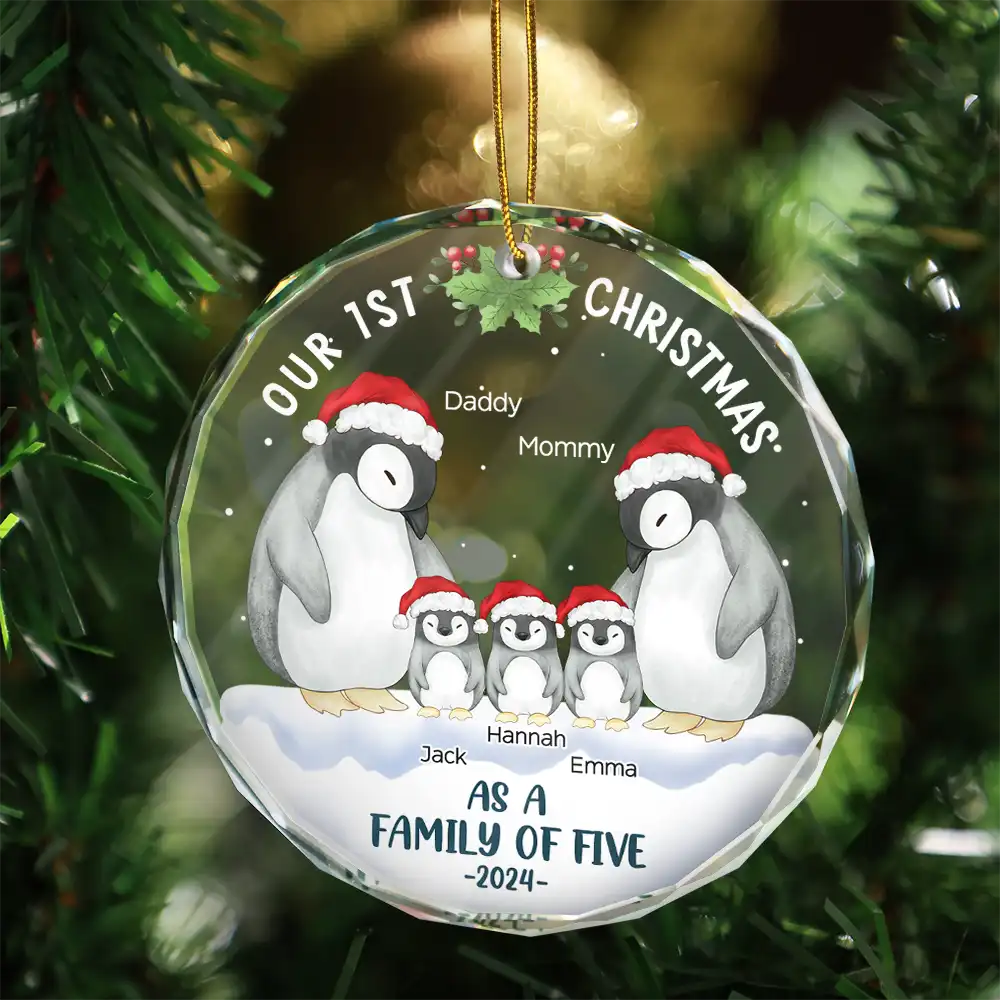 First Christmas As A Family Of Three Penguin - Personalized Circle Glass Ornament - Image 3
