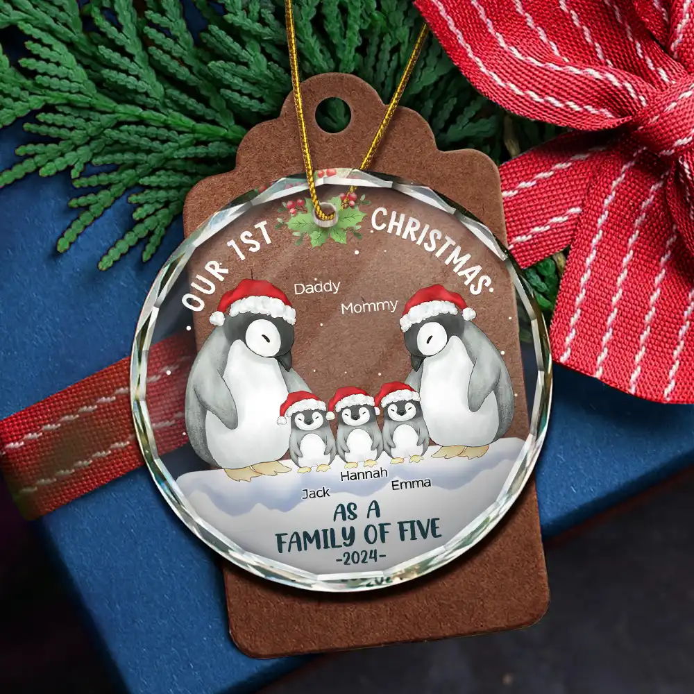 First Christmas As A Family Of Three Penguin - Personalized Circle Glass Ornament - Image 5