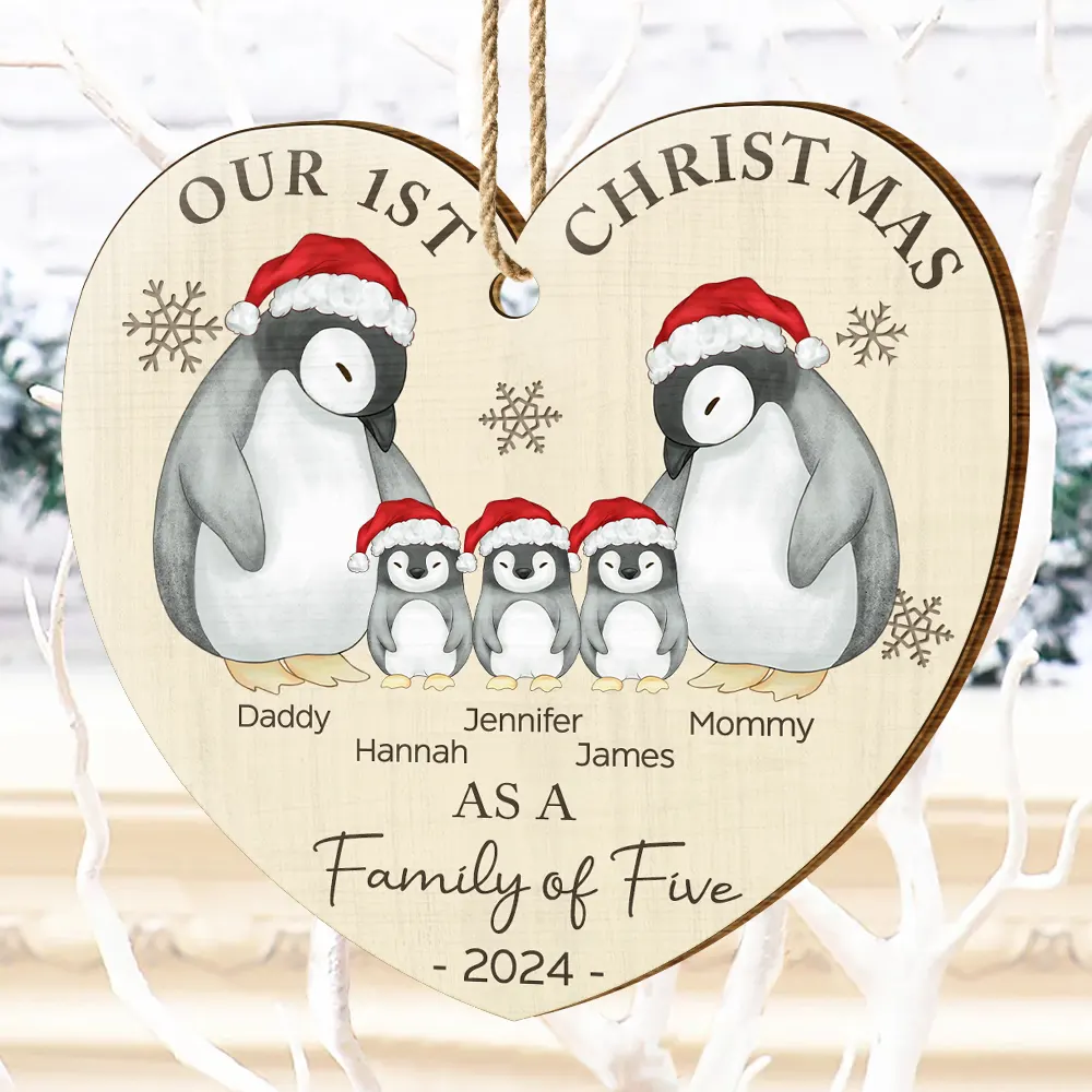 First Christmas As A Family Of Three Penguin - Personalized Custom Shaped Wooden Ornament - Image 4