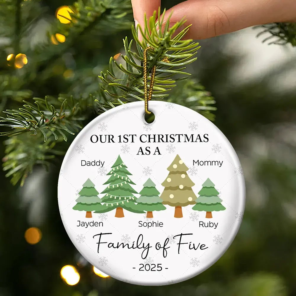 First Christmas As A Family Of Three - Personalized Circle Ceramic Ornament - Image 3