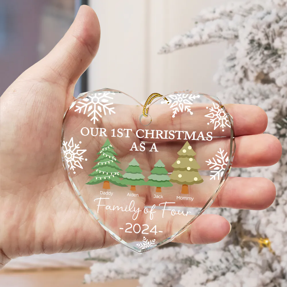 First Christmas As A Family Of Three - Personalized Heart Shaped Glass Ornament - Image 3