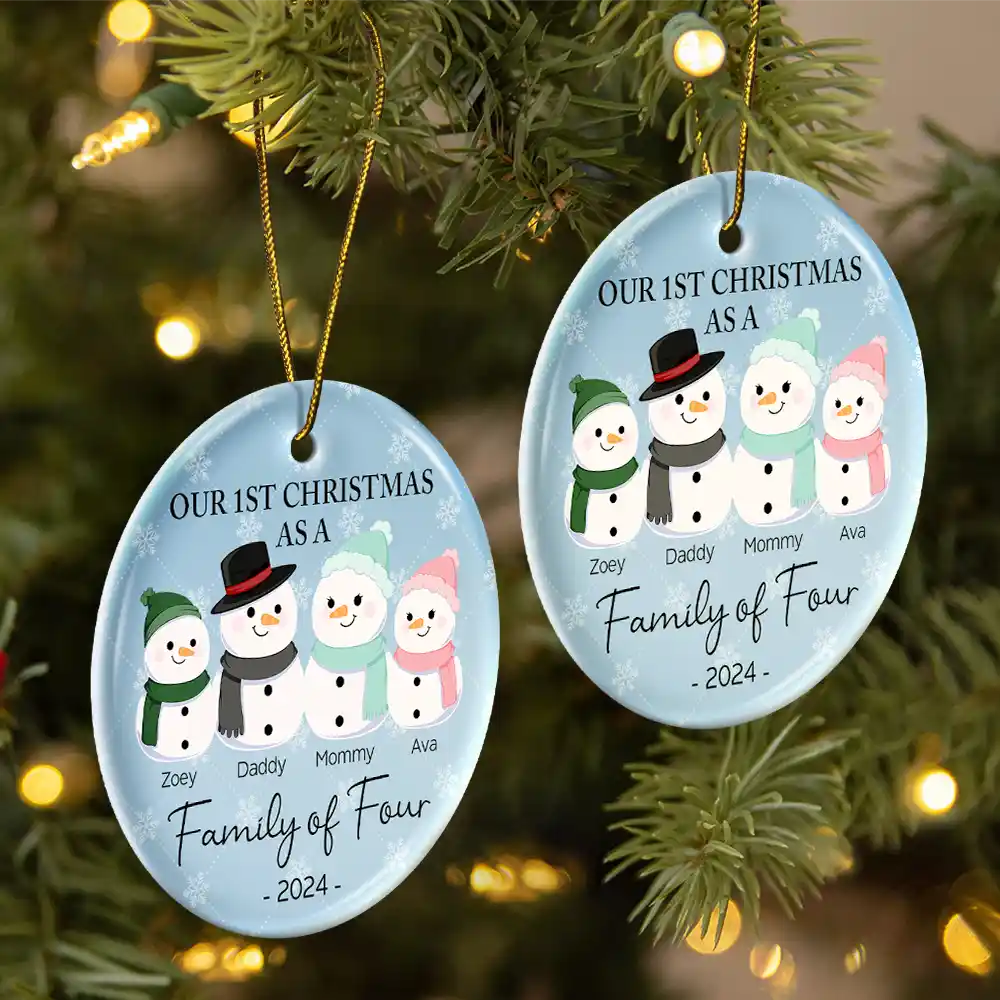 First Christmas As A Family Of Three Snowman - Personalized Circle Ceramic Ornament - Image 2