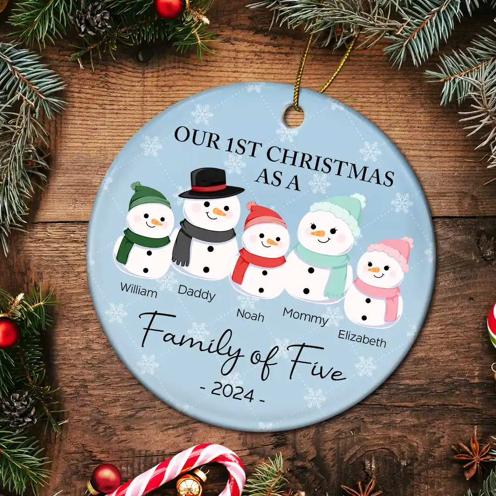 First Christmas As A Family Of Three Snowman - Personalized Circle Ceramic Ornament - Image 5