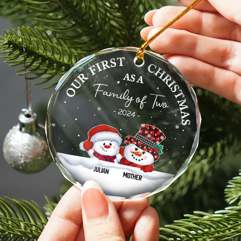 First Christmas As A Family Of Three Snowman - Personalized Circle Glass Ornament - Image 2
