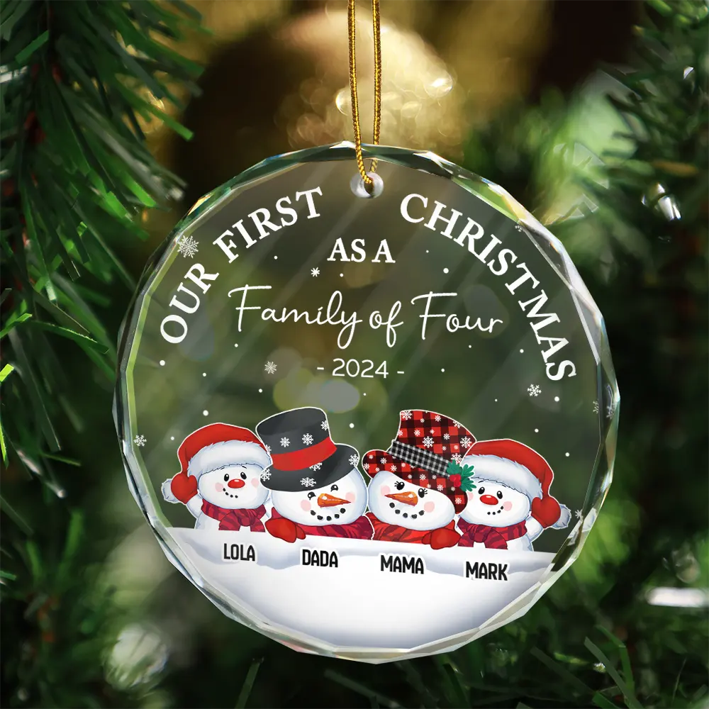 First Christmas As A Family Of Three Snowman - Personalized Circle Glass Ornament - Image 3