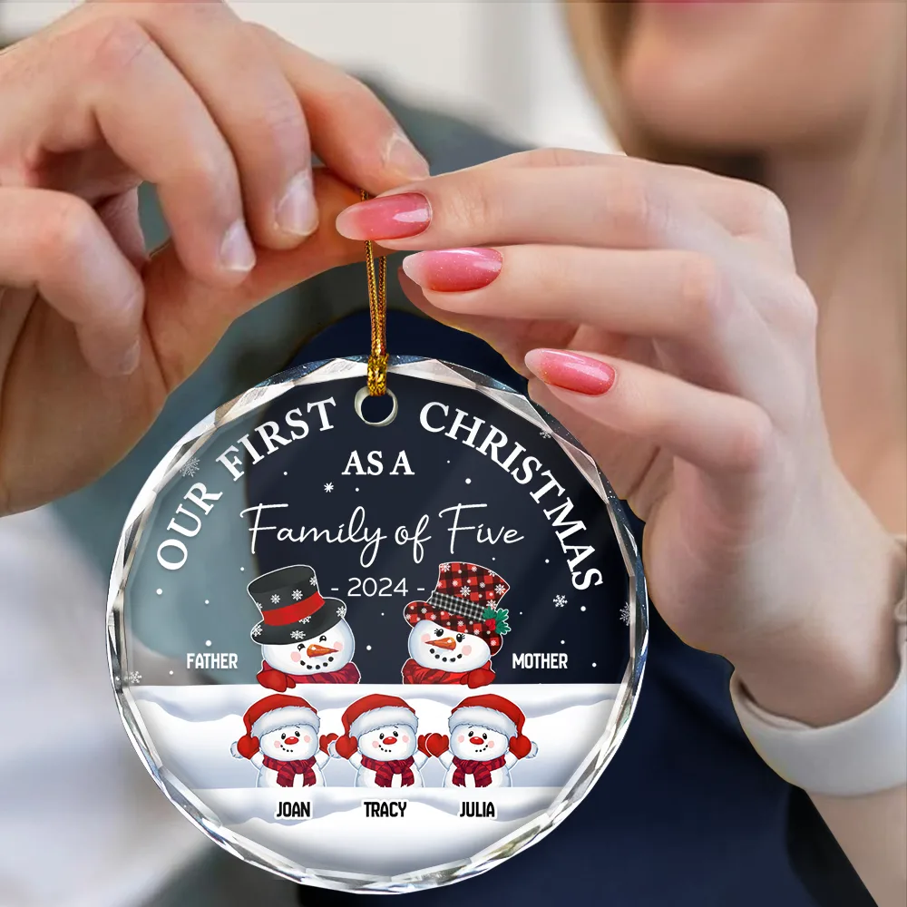 First Christmas As A Family Of Three Snowman - Personalized Circle Glass Ornament - Image 4