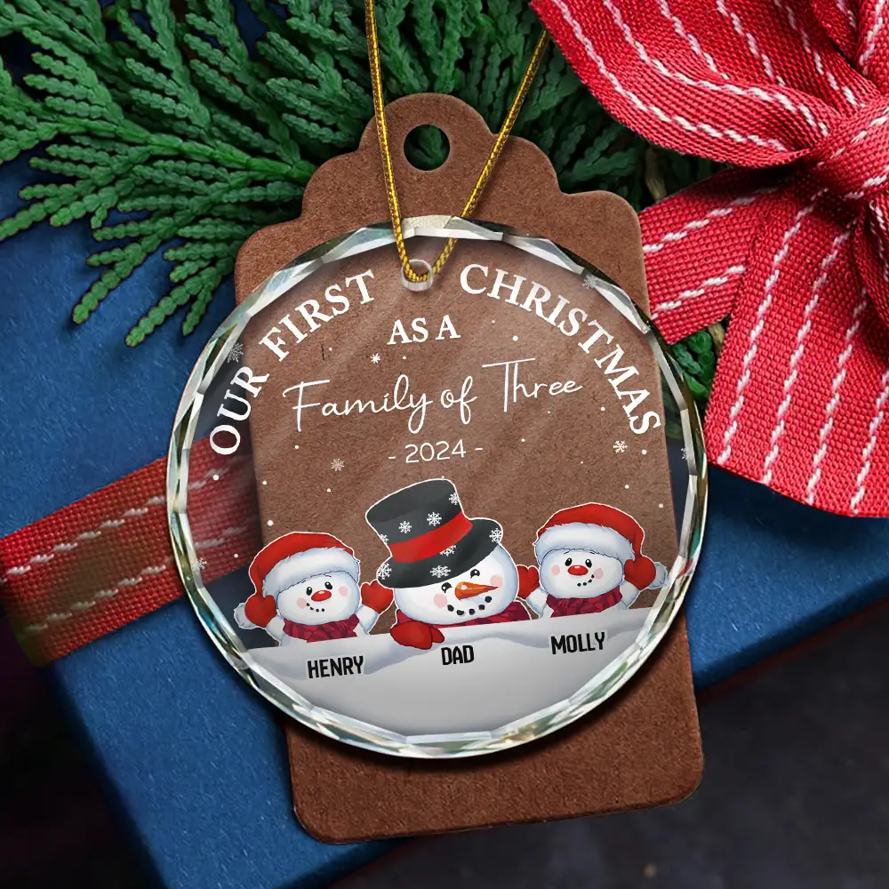 First Christmas As A Family Of Three Snowman - Personalized Circle Glass Ornament - Image 5