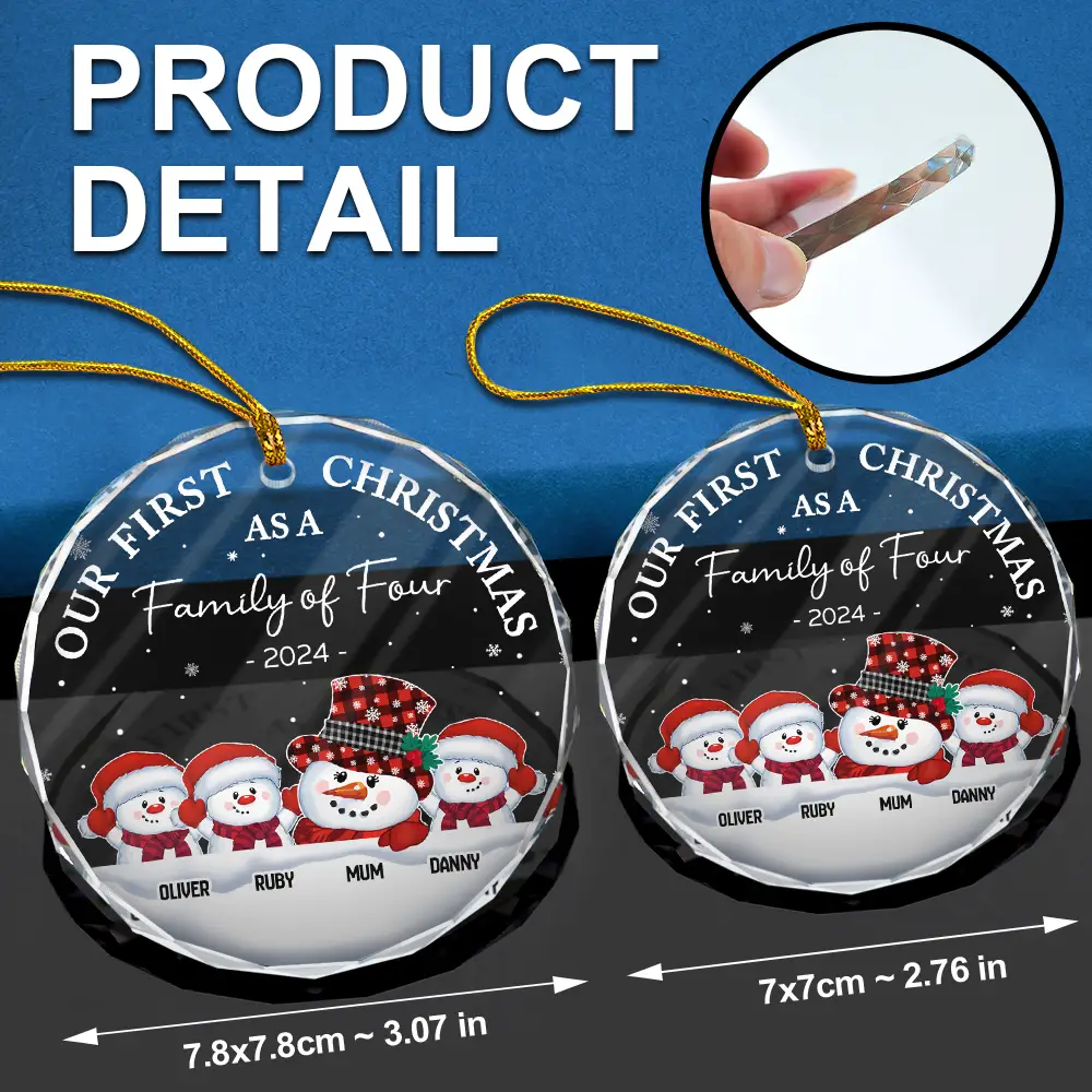 First Christmas As A Family Of Three Snowman - Personalized Circle Glass Ornament - Image 6