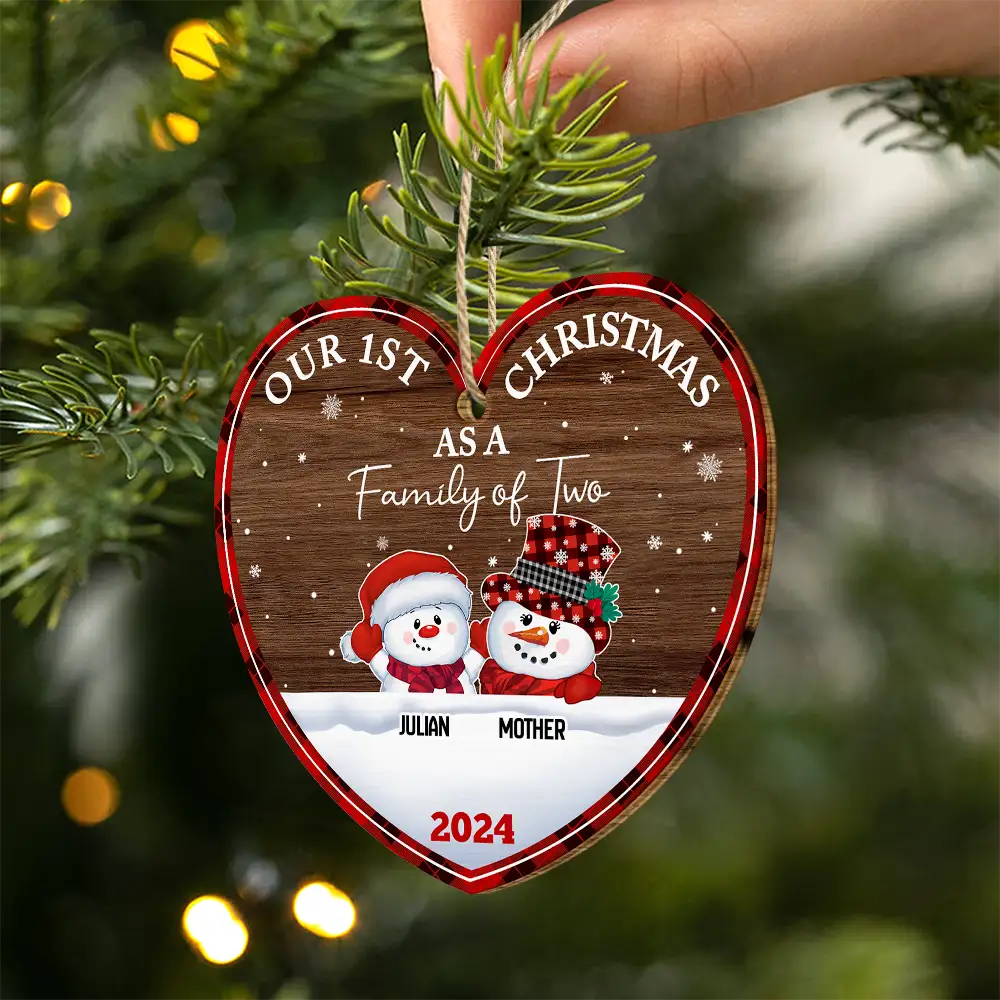 First Christmas As A Family Of Three Snowman - Personalized Custom Shaped Wooden Ornament - Image 2