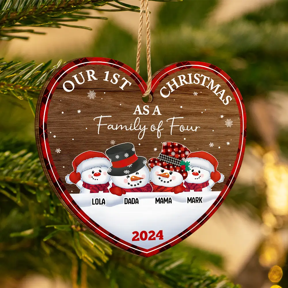 First Christmas As A Family Of Three Snowman - Personalized Custom Shaped Wooden Ornament - Image 3