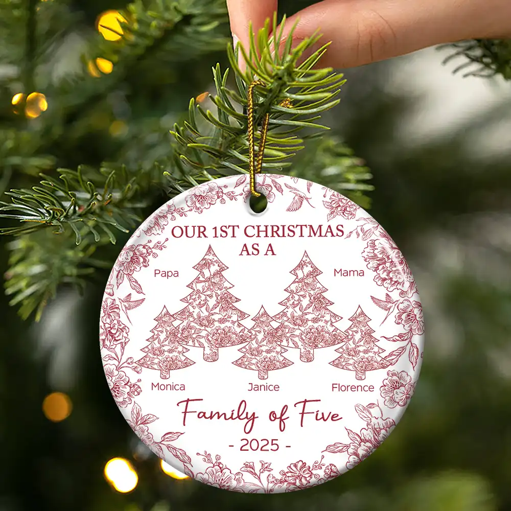 First Christmas As A Family Of Three Toile - Personalized Circle Ceramic Ornament - Image 3
