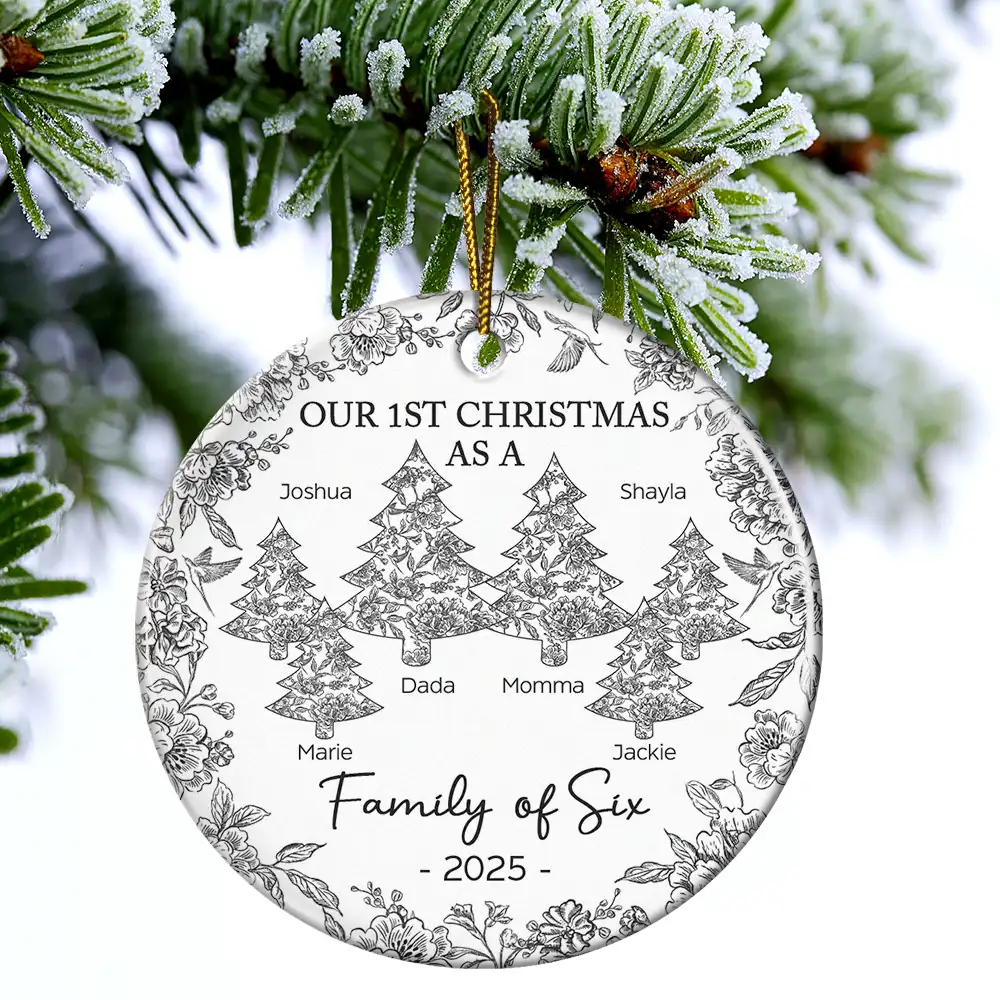 First Christmas As A Family Of Three Toile - Personalized Circle Ceramic Ornament - Image 4