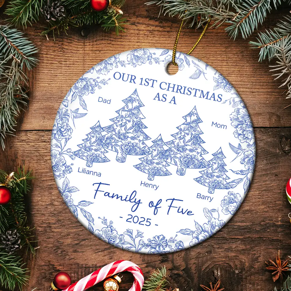 First Christmas As A Family Of Three Toile - Personalized Circle Ceramic Ornament - Image 5