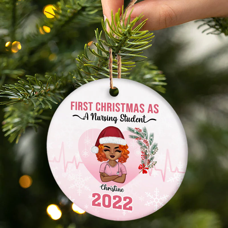 First Christmas As A Nurse - Personalized Custom Circle Ceramic Ornament - Image 2