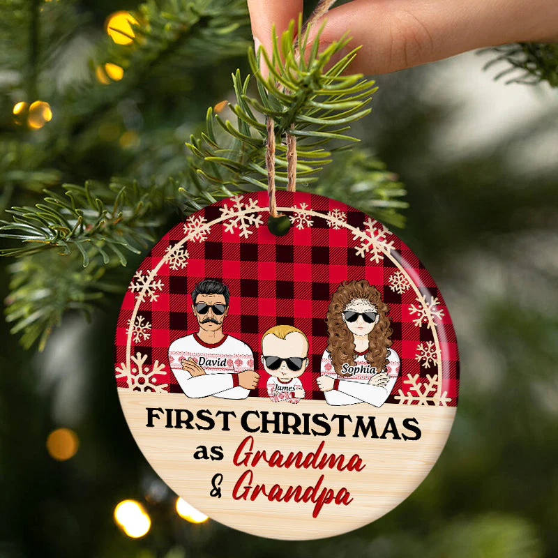 First Christmas As Grandma & Grandpa - Christmas Gift For Family - Personalized Custom Circle Ceramic Ornament - Image 3