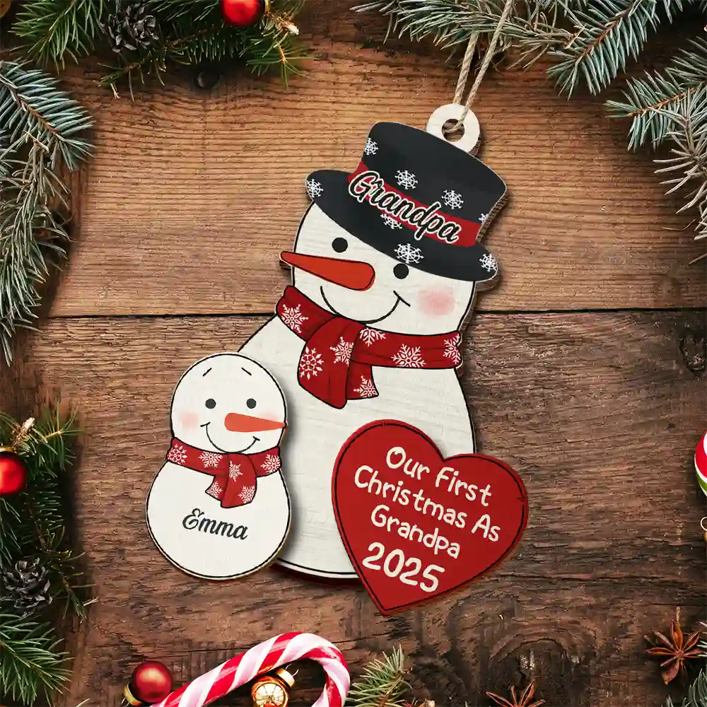 First Christmas As Grandparents Snowman - Personalized 2-Layered Wooden Ornament - Image 4
