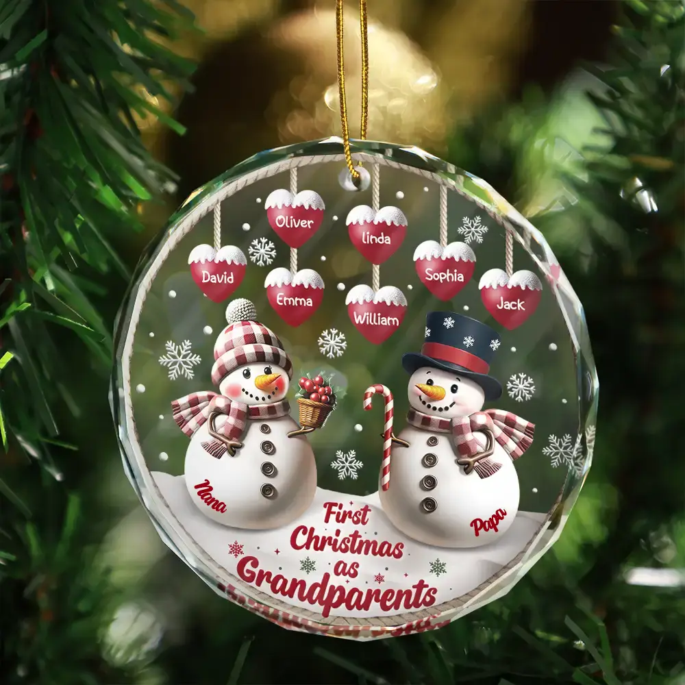 First Christmas As Grandparents Snowman - Personalized Circle Glass Ornament - Image 3