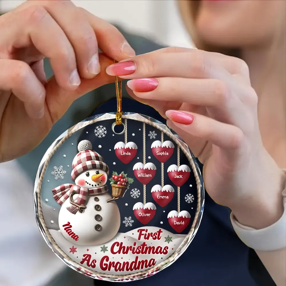 First Christmas As Grandparents Snowman - Personalized Circle Glass Ornament - Image 4
