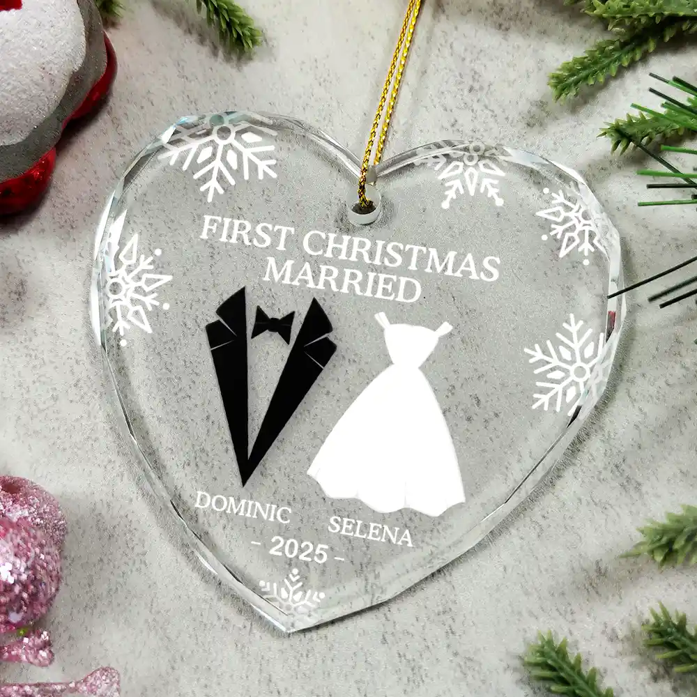 First Christmas As Married Couples - Personalized Heart Shaped Glass Ornament - Image 6