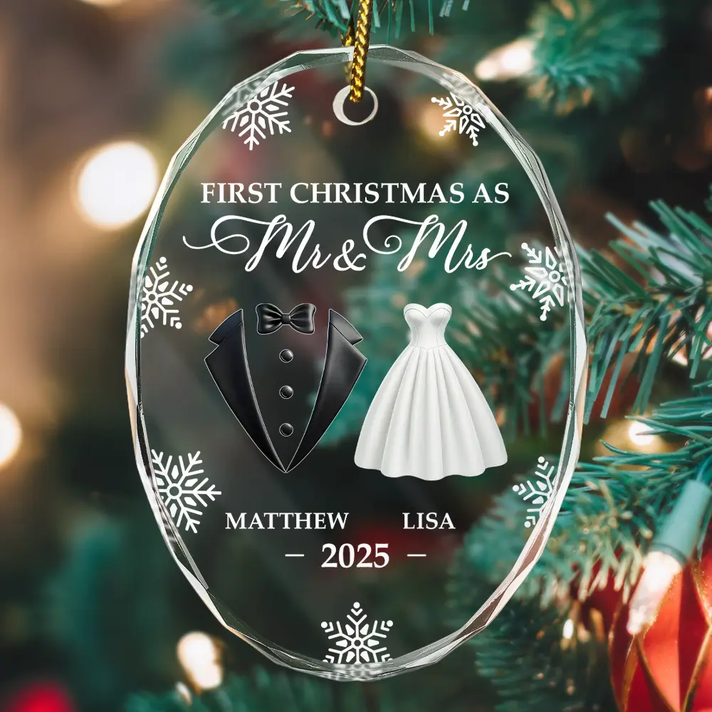 First Christmas As Married Couples - Personalized Oval Glass Ornament - Image 2