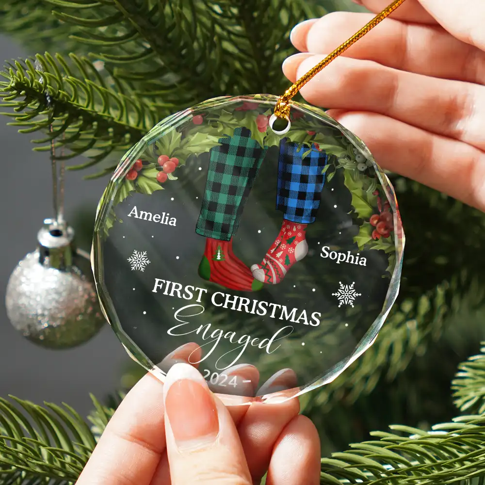 First Christmas As Mr & Mrs Christmas Socks Couple - Personalized Circle Glass Ornament - Image 2