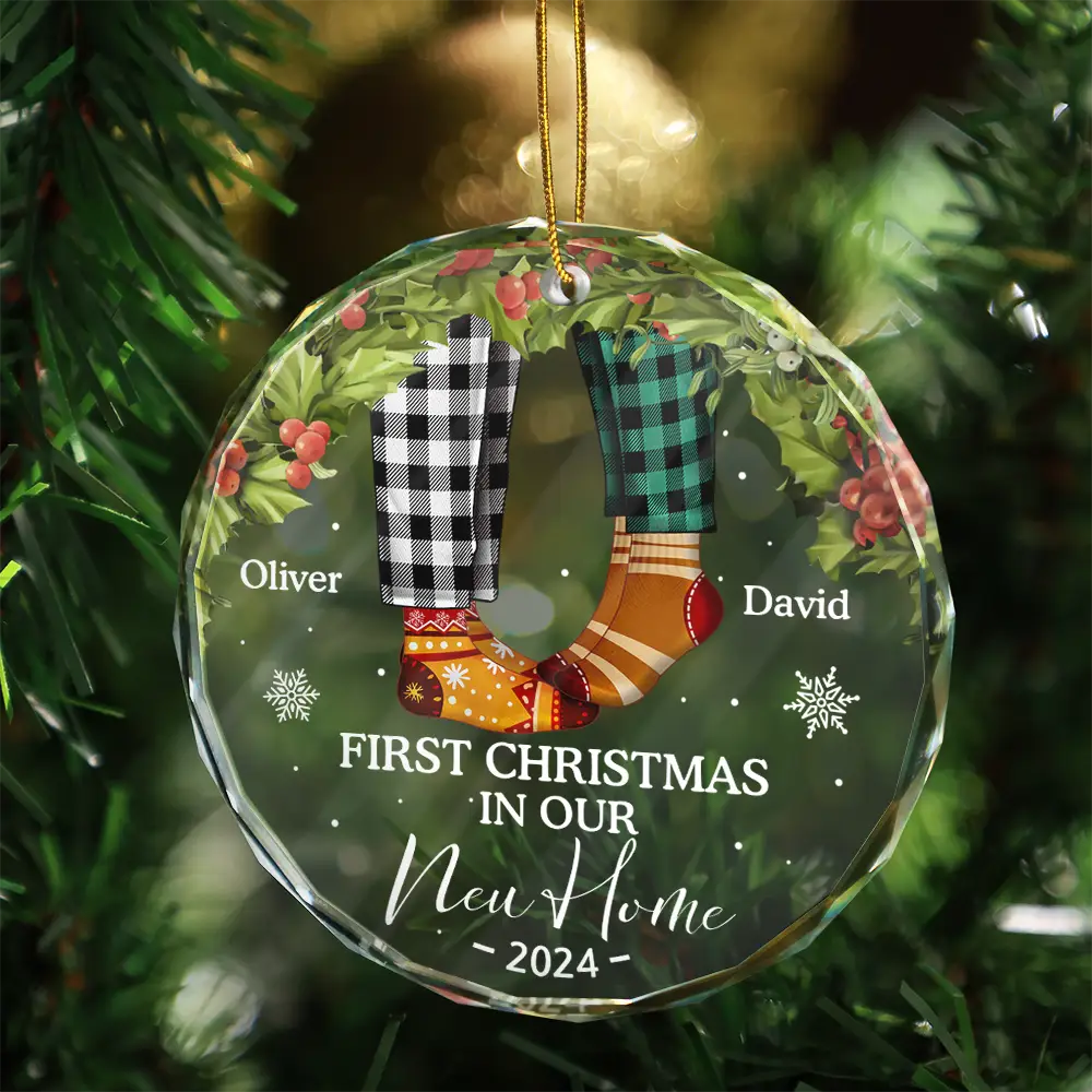 First Christmas As Mr & Mrs Christmas Socks Couple - Personalized Circle Glass Ornament - Image 3