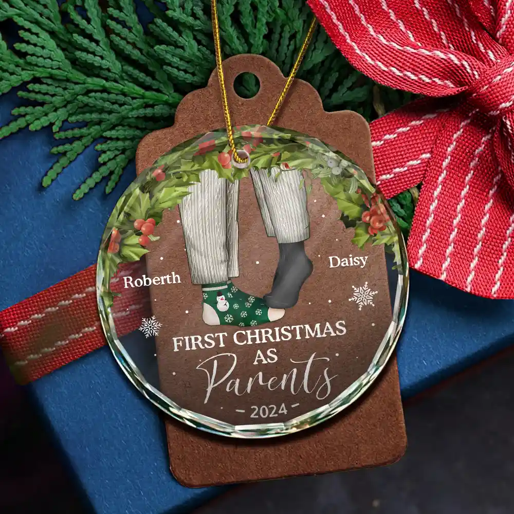 First Christmas As Mr & Mrs Christmas Socks Couple - Personalized Circle Glass Ornament - Image 5