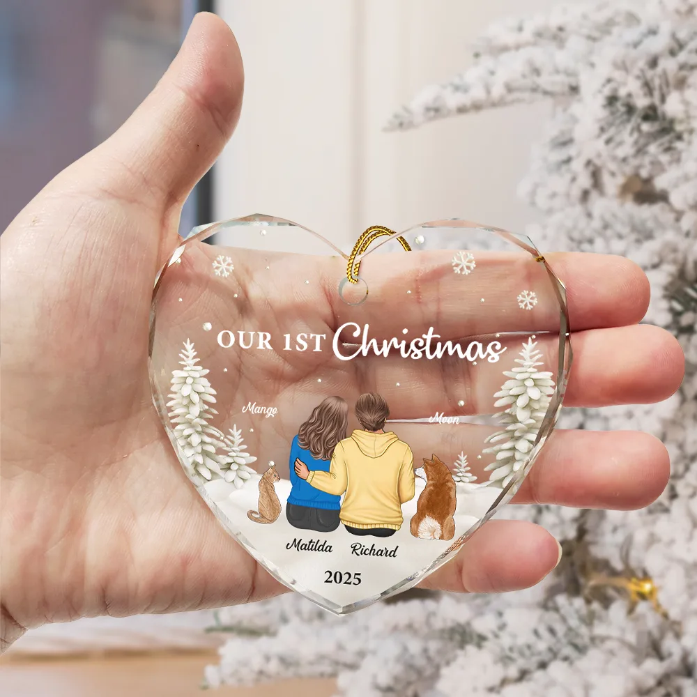 First Christmas As Mr & Mrs Dog Cat - Personalized Heart Shaped Glass Ornament - Image 3