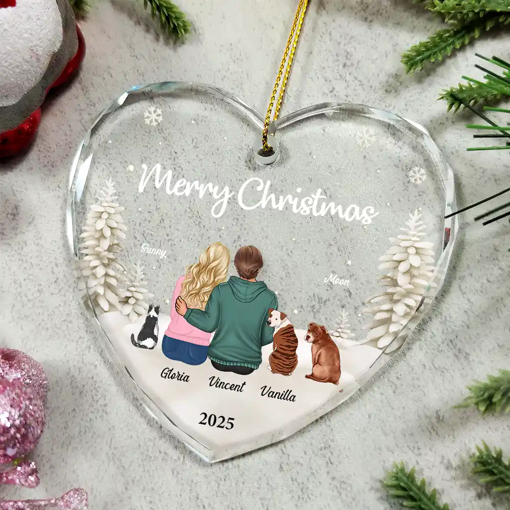First Christmas As Mr & Mrs Dog Cat - Personalized Heart Shaped Glass Ornament - Image 4