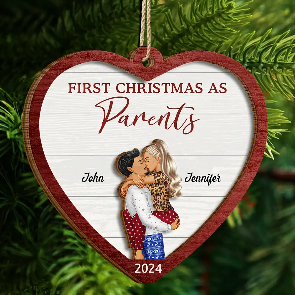 First Christmas As Mr & Mrs Kissing Couple - Personalized 2-Layered Wooden Ornament - Image 4