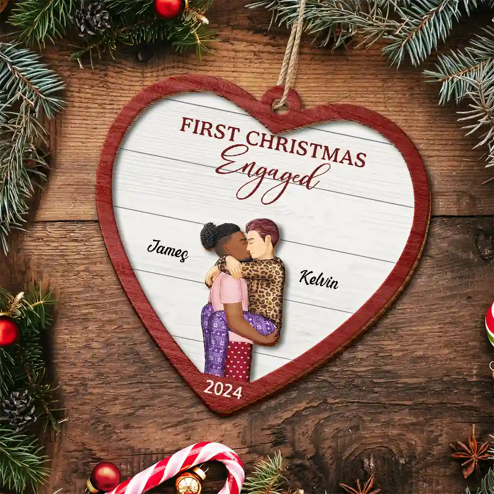 First Christmas As Mr & Mrs Kissing Couple - Personalized 2-Layered Wooden Ornament - Image 5
