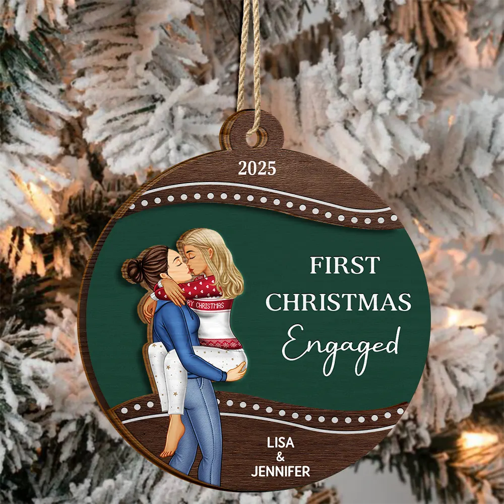 First Christmas As Mr & Mrs Loving Kissing Couple - Personalized 2-Layered Wooden Ornament - Image 3