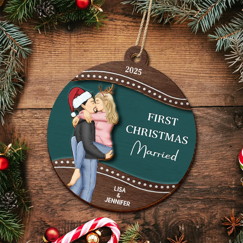 First Christmas As Mr & Mrs Loving Kissing Couple - Personalized 2-Layered Wooden Ornament - Image 4