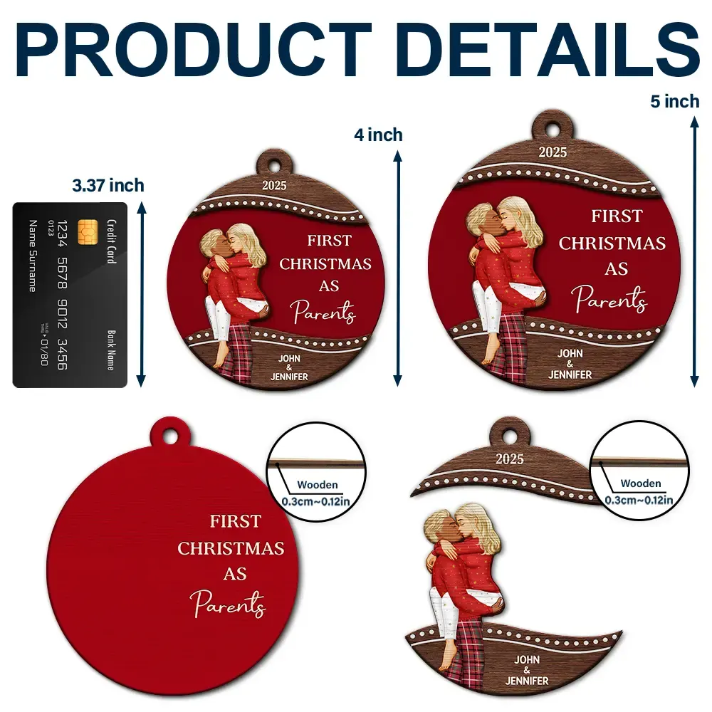 First Christmas As Mr & Mrs Loving Kissing Couple - Personalized 2-Layered Wooden Ornament - Image 5
