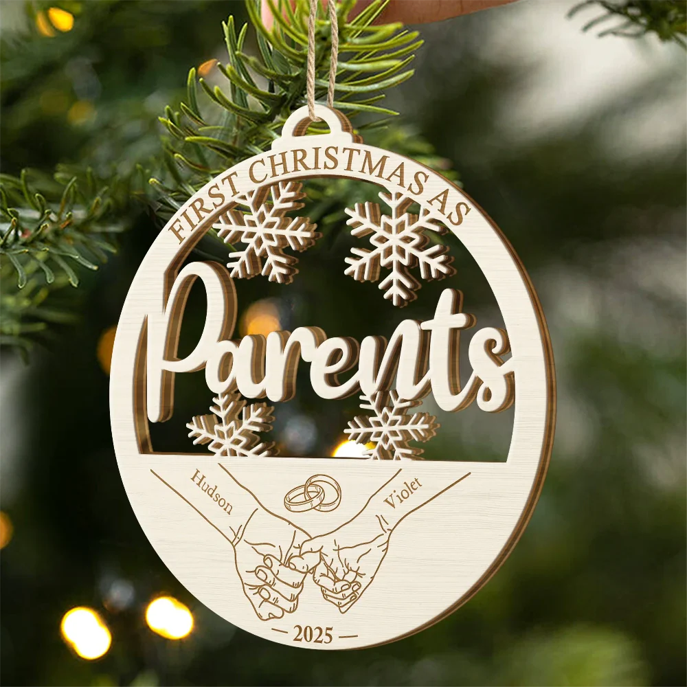 First Christmas Couple Holding Hands - Personalized Custom Shaped Wooden Ornament - Image 2