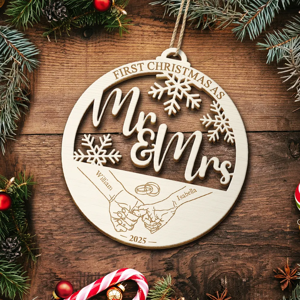 First Christmas Couple Holding Hands - Personalized Custom Shaped Wooden Ornament - Image 5