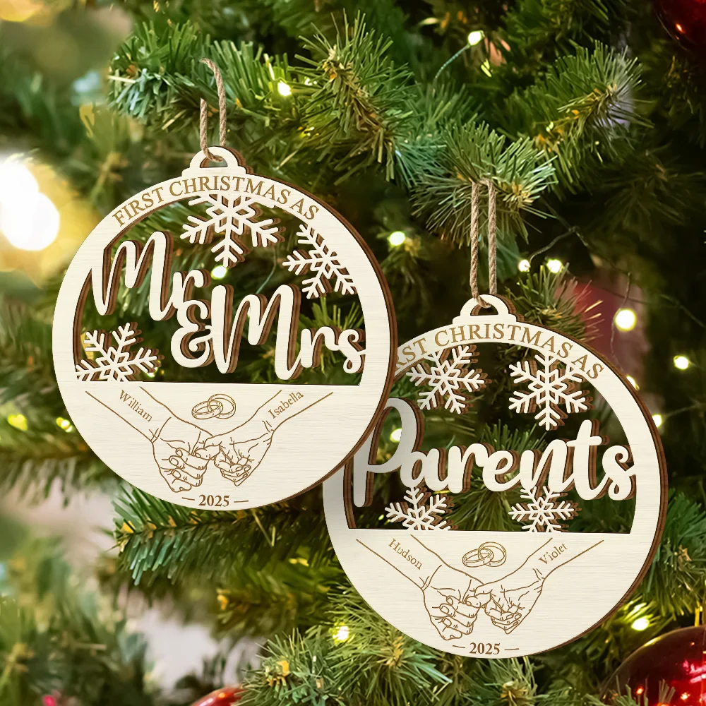 First Christmas Couple Holding Hands - Personalized Custom Shaped Wooden Ornament - Image 6