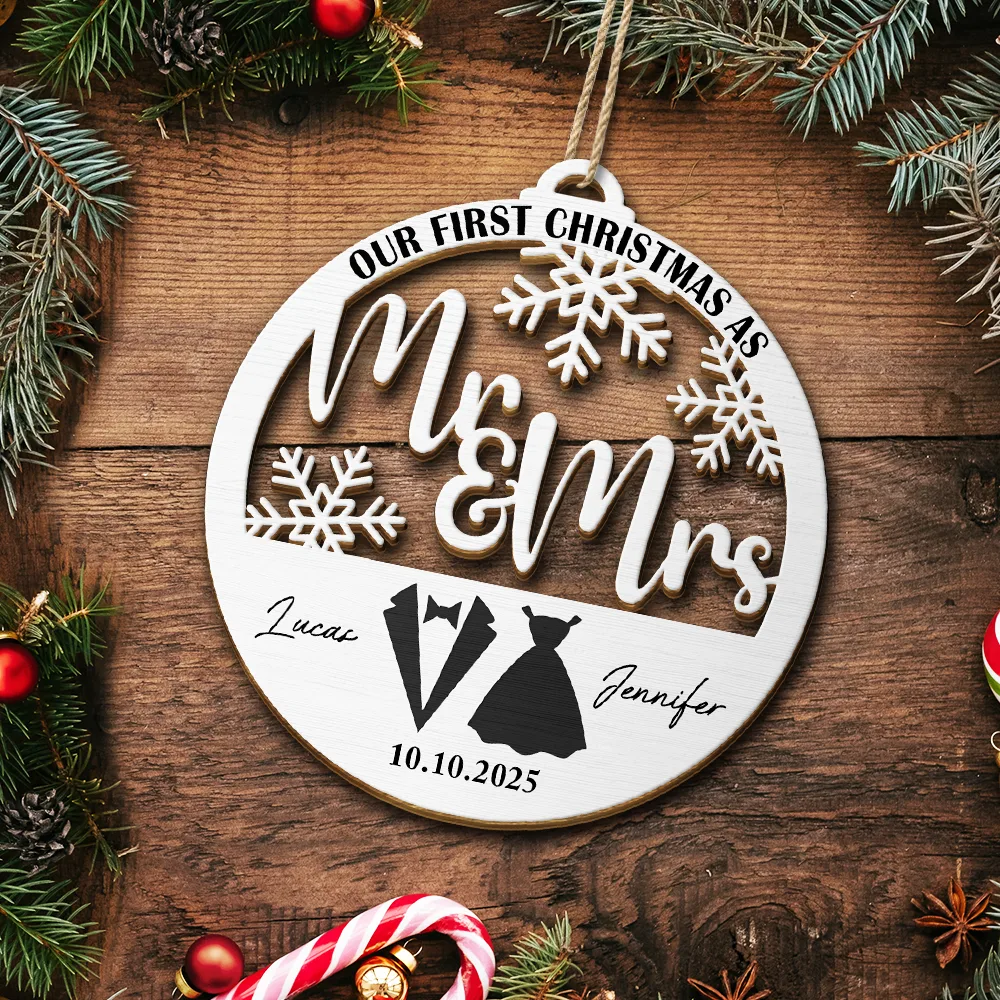 First Christmas Couple Merry & Married - Personalized Custom Shaped Wooden Ornament - Image 5