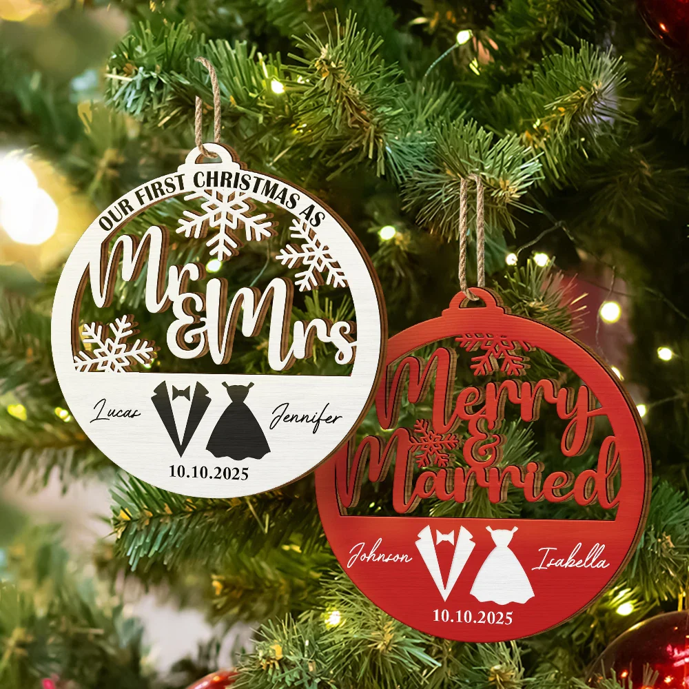First Christmas Couple Merry & Married - Personalized Custom Shaped Wooden Ornament - Image 6