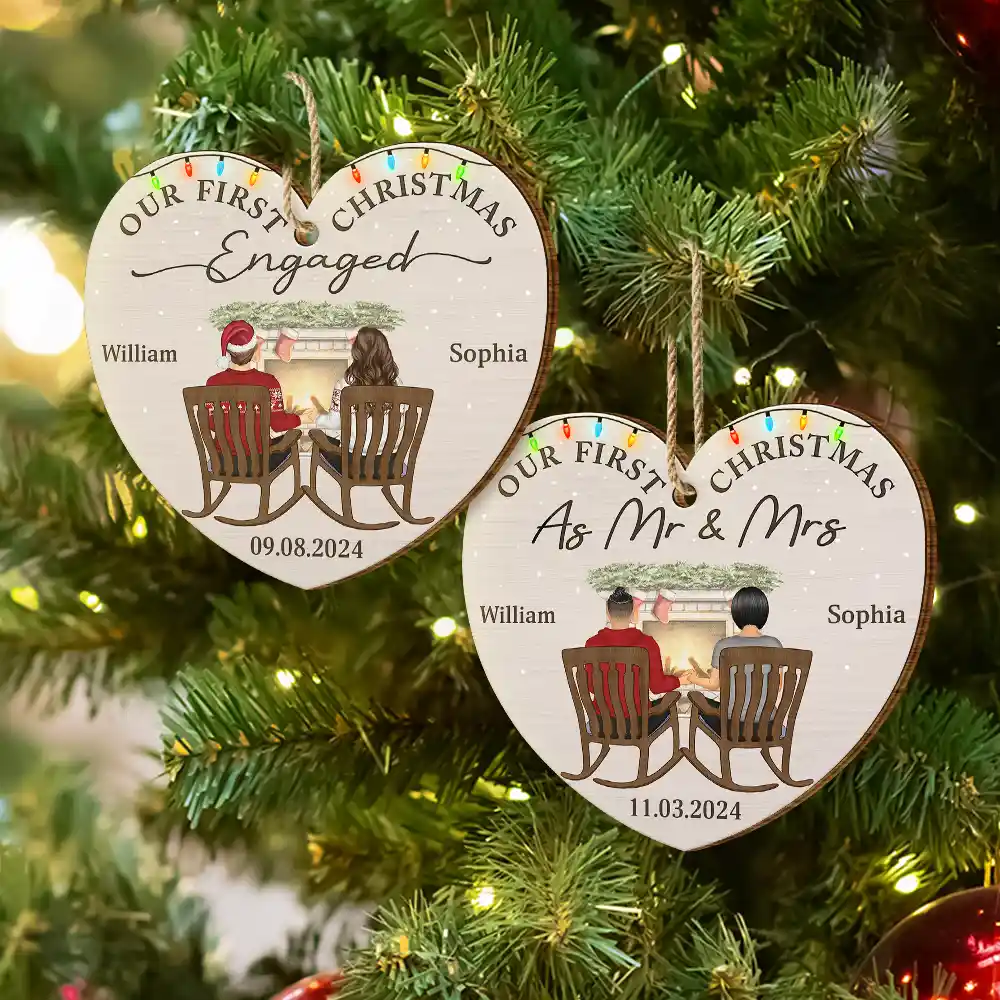 First Christmas Engaged Couples - Personalized Custom Shaped Wooden Ornament - Image 6