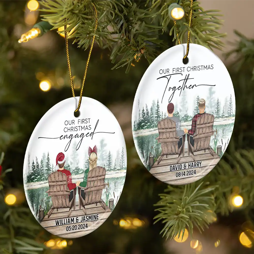 First Christmas Engagement Couples Merry & Married - Personalized Circle Ceramic Ornament - Image 2