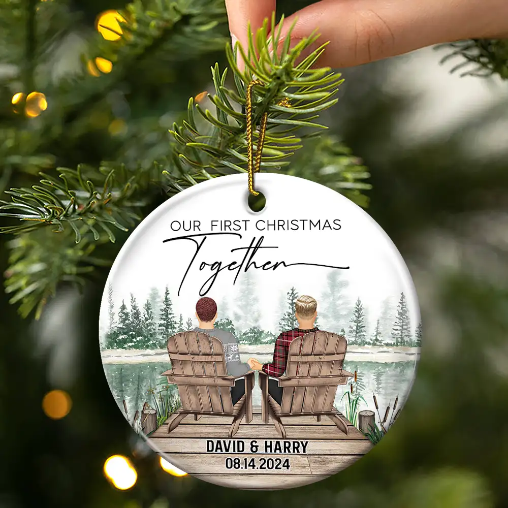 First Christmas Engagement Couples Merry & Married - Personalized Circle Ceramic Ornament - Image 3