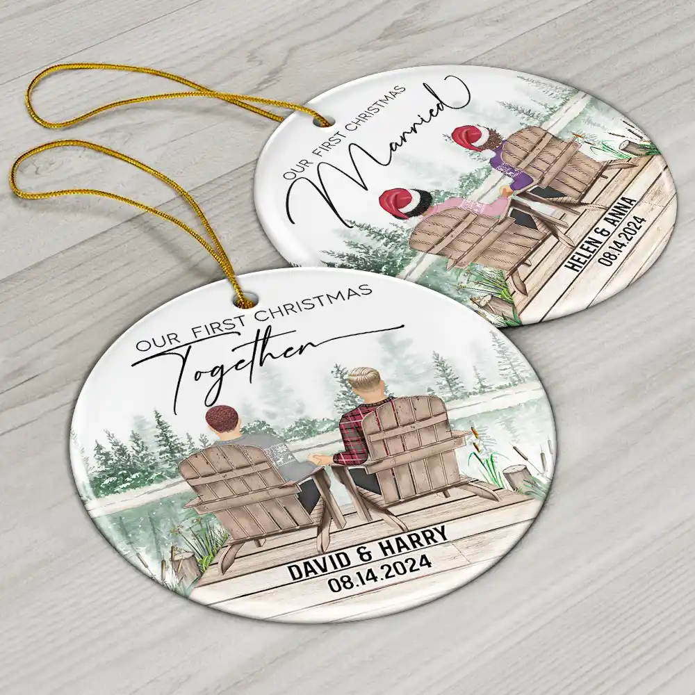 First Christmas Engagement Couples Merry & Married - Personalized Circle Ceramic Ornament - Image 6