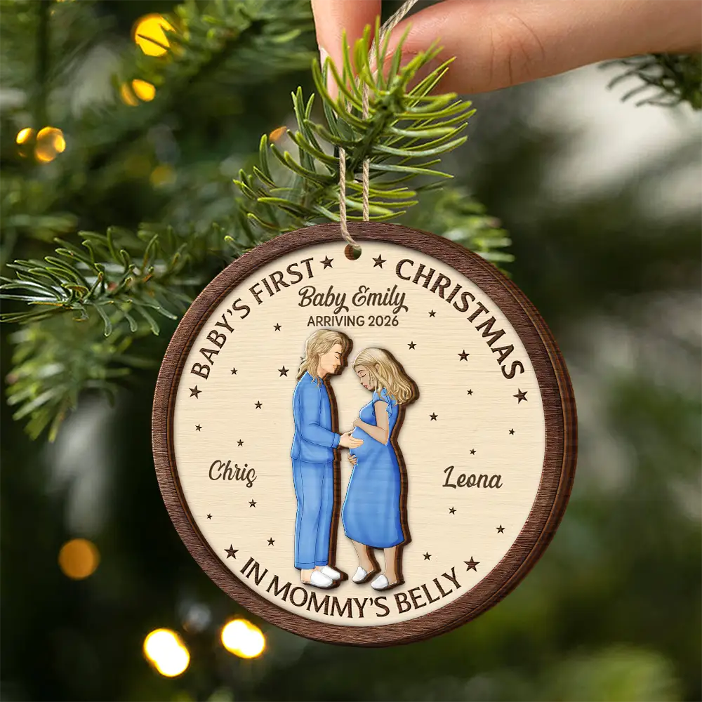 First Christmas In Mommy's Belly - Personalized 2-Layered Wooden Ornament - Image 2