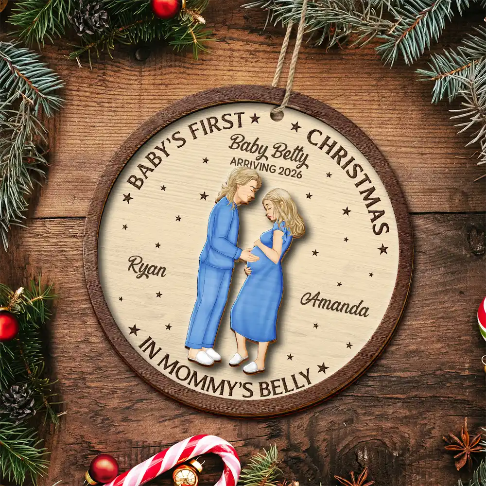 First Christmas In Mommy's Belly - Personalized 2-Layered Wooden Ornament - Image 4