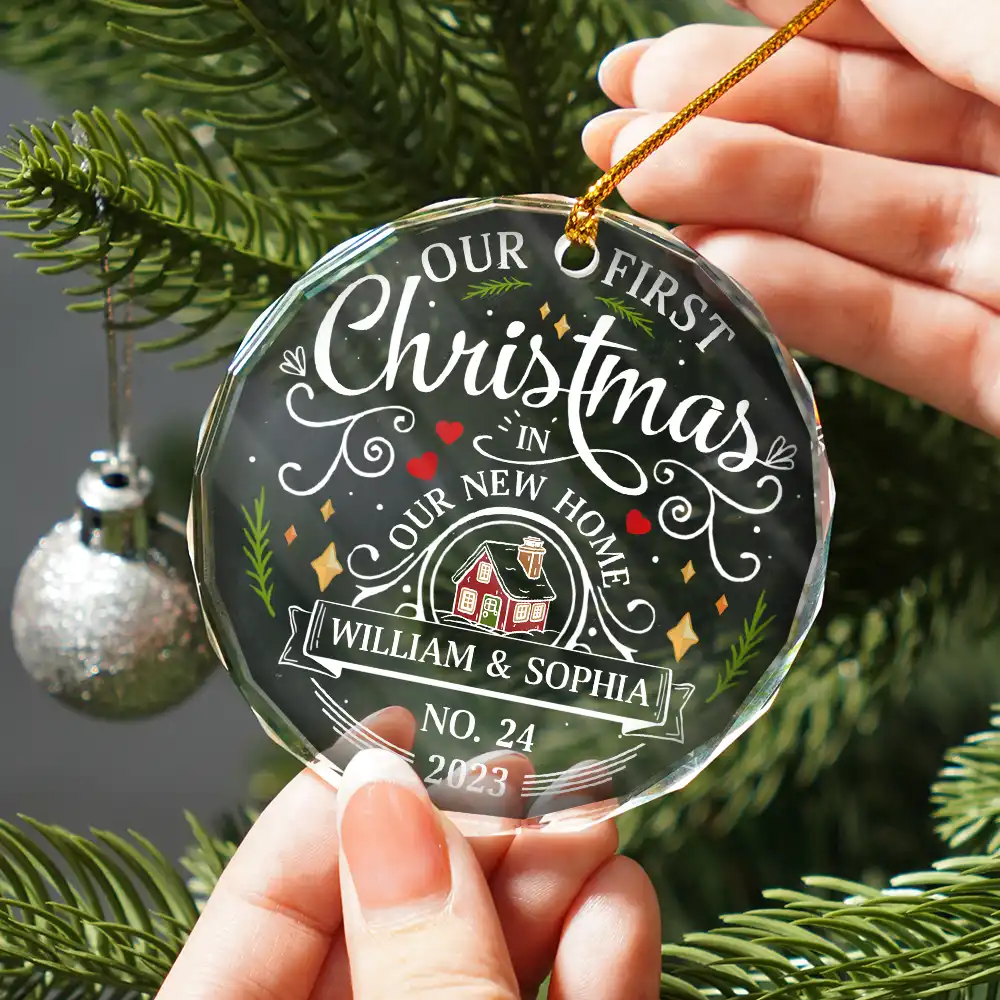 First Christmas In New Home Couples Family - Personalized Circle Glass Ornament - Image 2