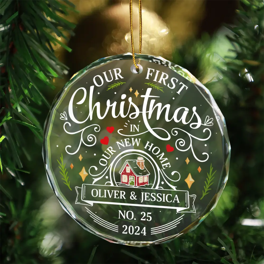 First Christmas In New Home Couples Family - Personalized Circle Glass Ornament - Image 3