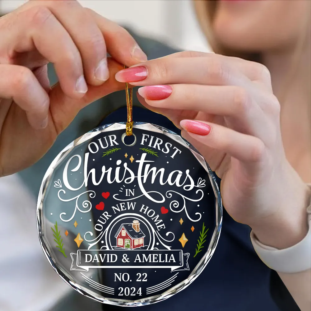 First Christmas In New Home Couples Family - Personalized Circle Glass Ornament - Image 4